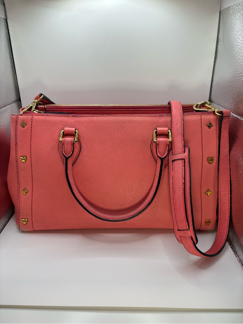 MCM Pink Pebbled Leather Satchel with Gold Hardware and crossbody strap